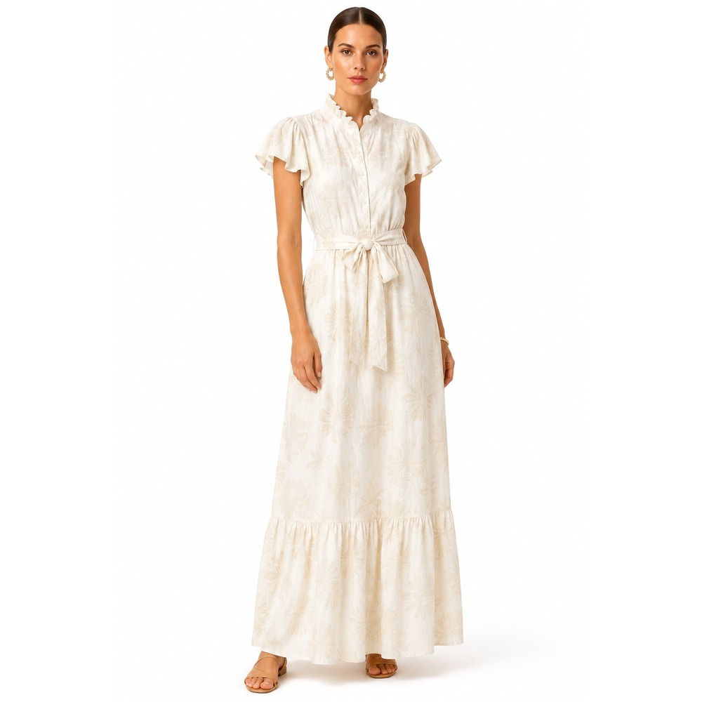 Maggy London Ruffle Neck Flutter Sleeve Maxi Dress Beige Leaf Jacquard PS NEW